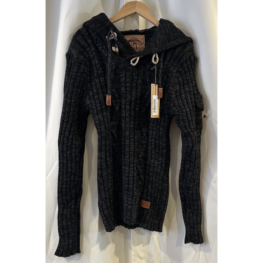 Leif Nelson Sweater Mens XL Pullover Slim Fisherman Cable Knit Hooded Preppy‎